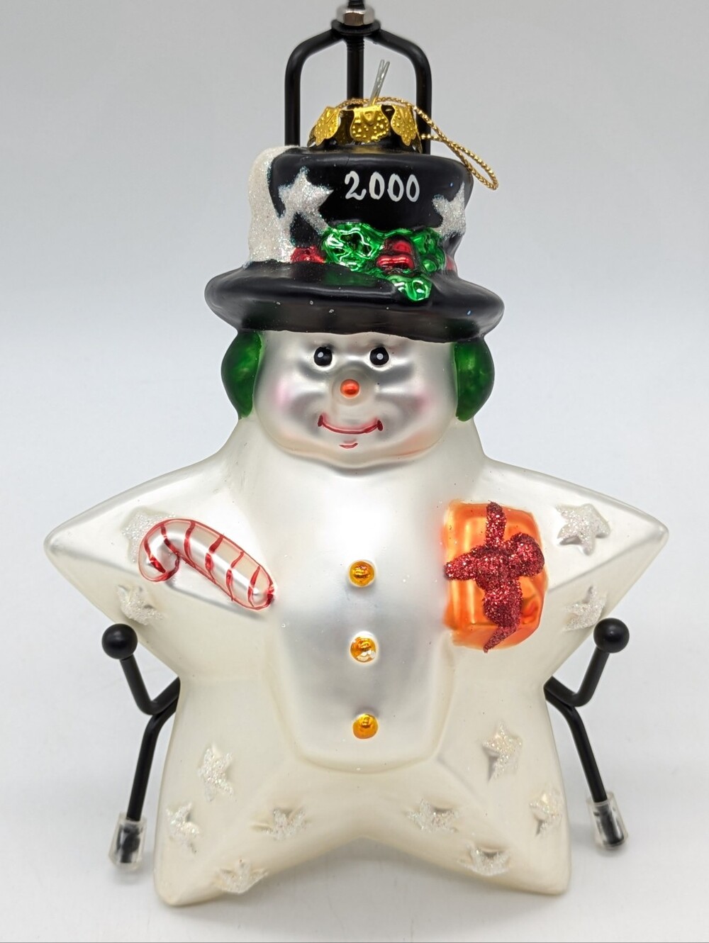 Vintage 2000 Glass Star Snowman Christmas Holiday Ornament